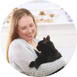 Stephanie Mantilla curiosity trained header logo holding black cat